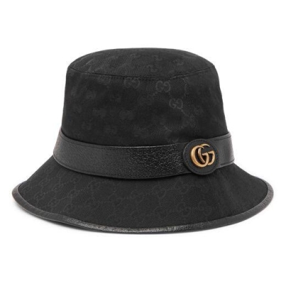 gucci-black-Leather-trimmed-Monogrammed-Canvas-Bucket-Hat